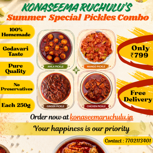 Summer Special Homemade Andhra Pickles Combo featuring Mango, Amla, Ginger, and Chicken Pickles with free delivery across India.
