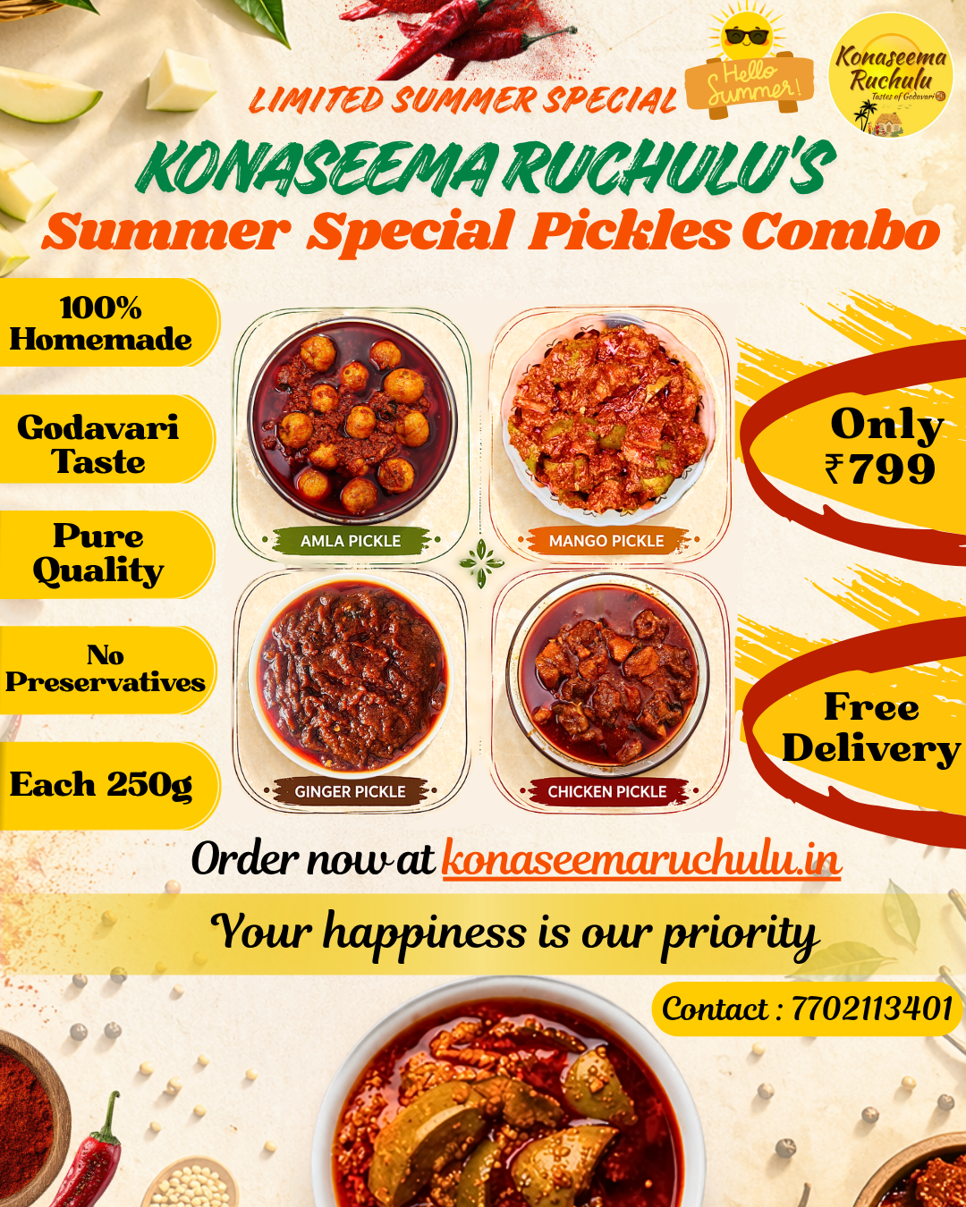 Final Poster Summer Special Homemade Andhra Pickles Combo featuring Mango, Amla, Ginger, and Chicken Pickles with free delivery across India.