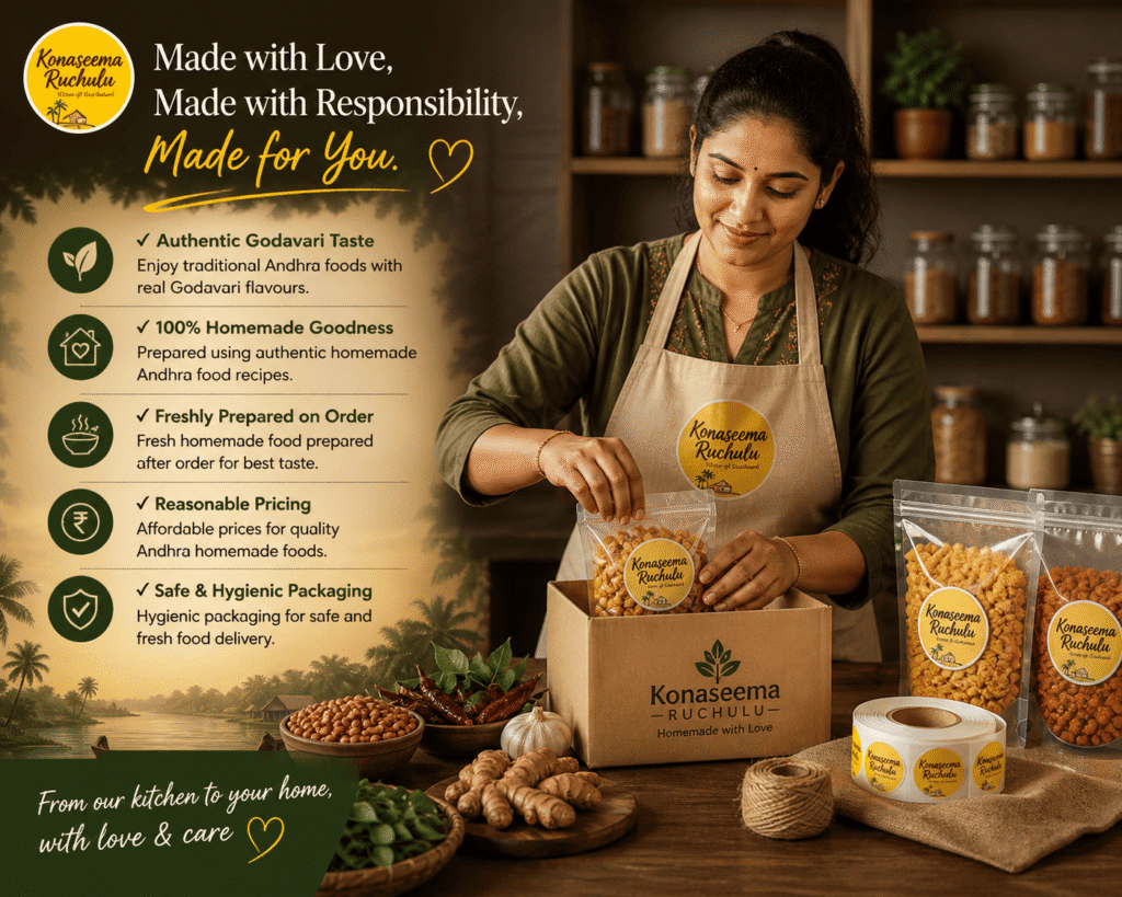 Homemade Andhra foods preparation and packaging at Konaseema Ruchulu